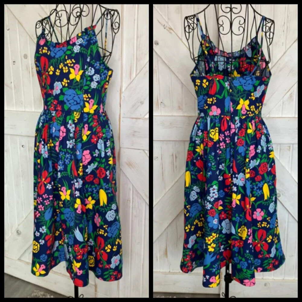 70's Vintage EJE Cotton Rainbow Blue Floral Hawaiian Sundress Day Midi Dress - Picture 4 of 10
